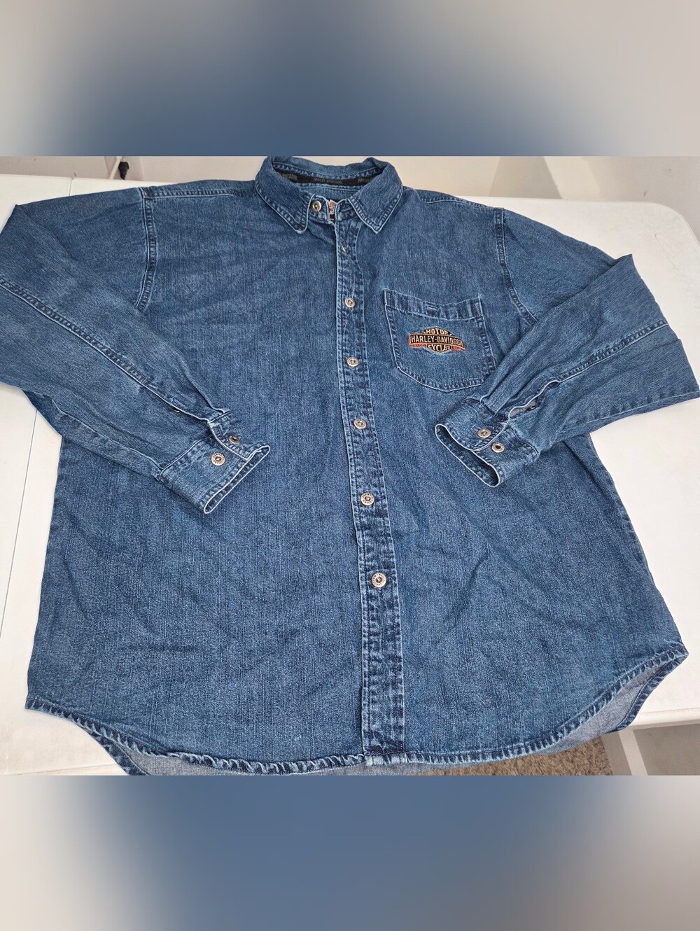Vintage Y2K Harley Davidson Mens Large Denim Shirt Embroidered Back Biker V-Twin